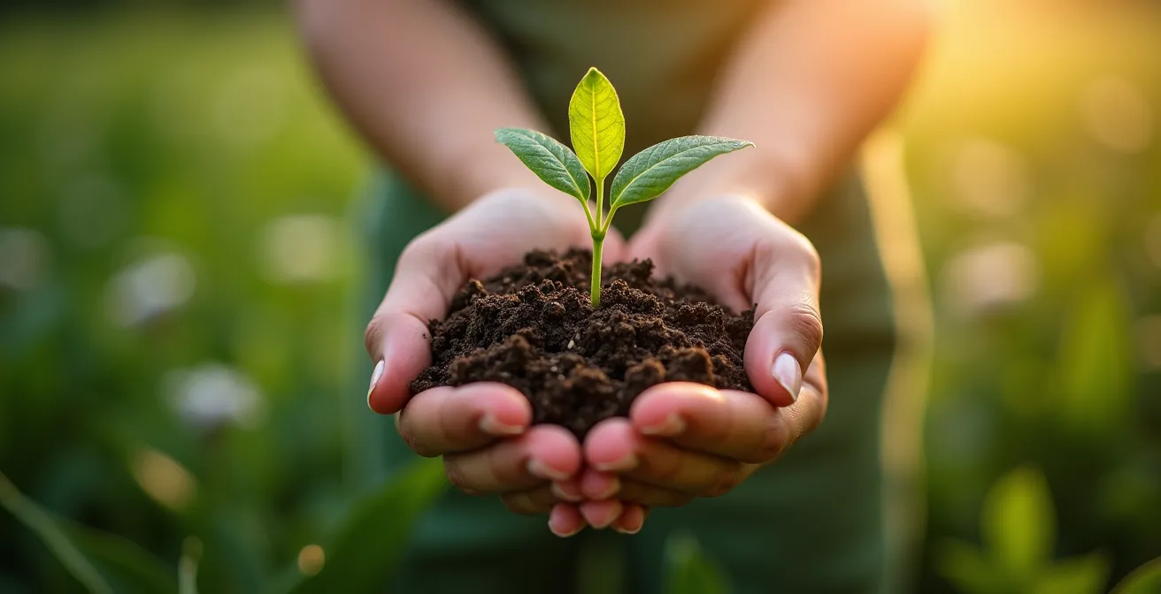 Jeune plante en croissance tenue délicatement entre deux mains